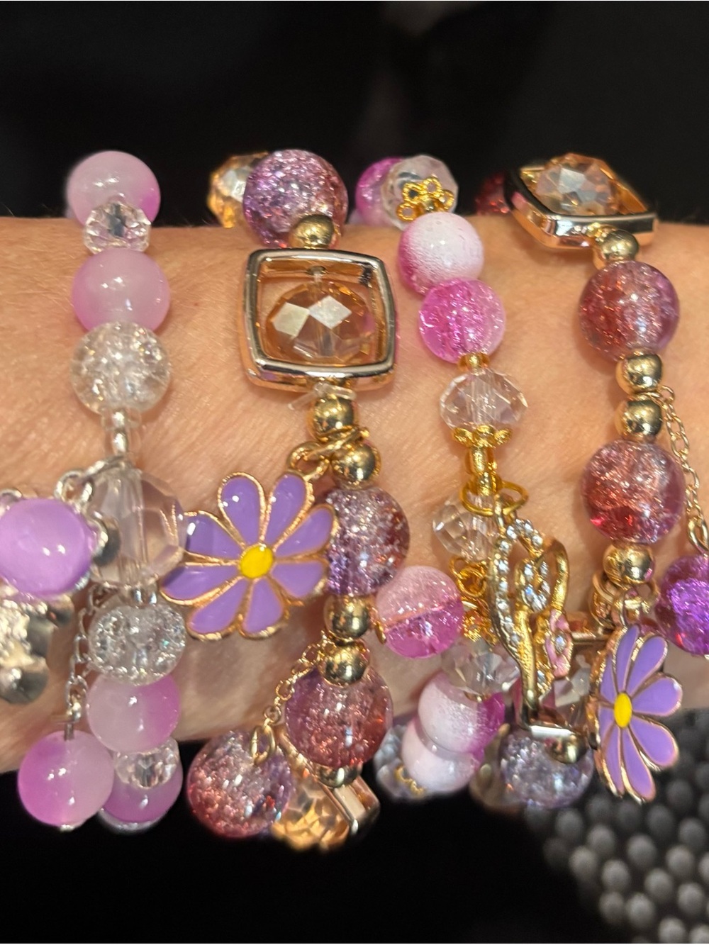 NEW HEART BEAR & DAISY CHARM W/PURPLE & LILAC GLASS BEADS BRACELETS 4pc SET